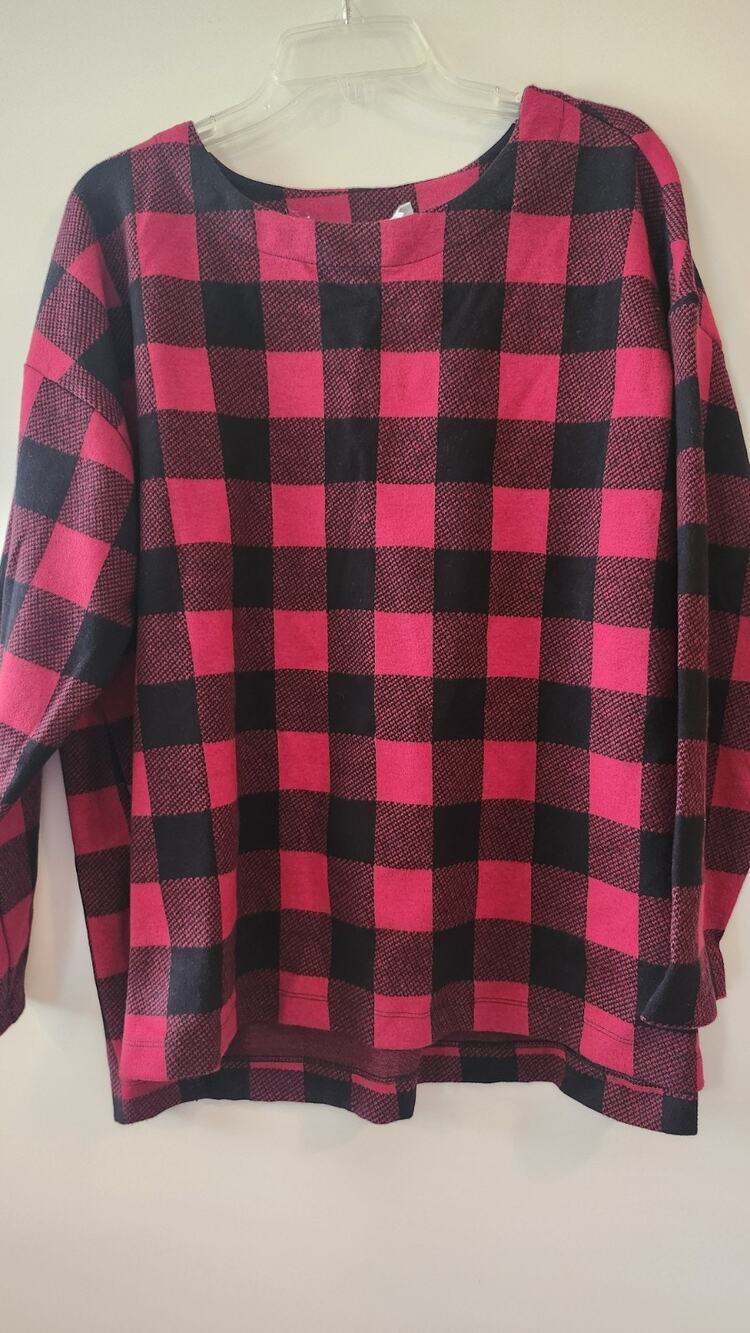 Womens Top-J.JILL-red/black Buffalo plaid cotton knit tunic long sleeve-XL